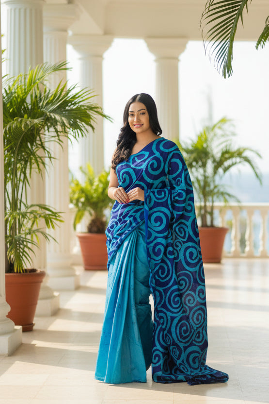Woman wearing a blue and aqua handcrafted batik saree with swirl patterns — Batik Saree RE-0051 I REYONA
