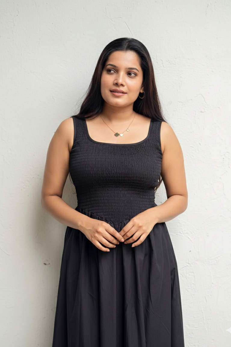 Lunara Maxi Dress – Black Smocked Maxi Dress | RE-0149