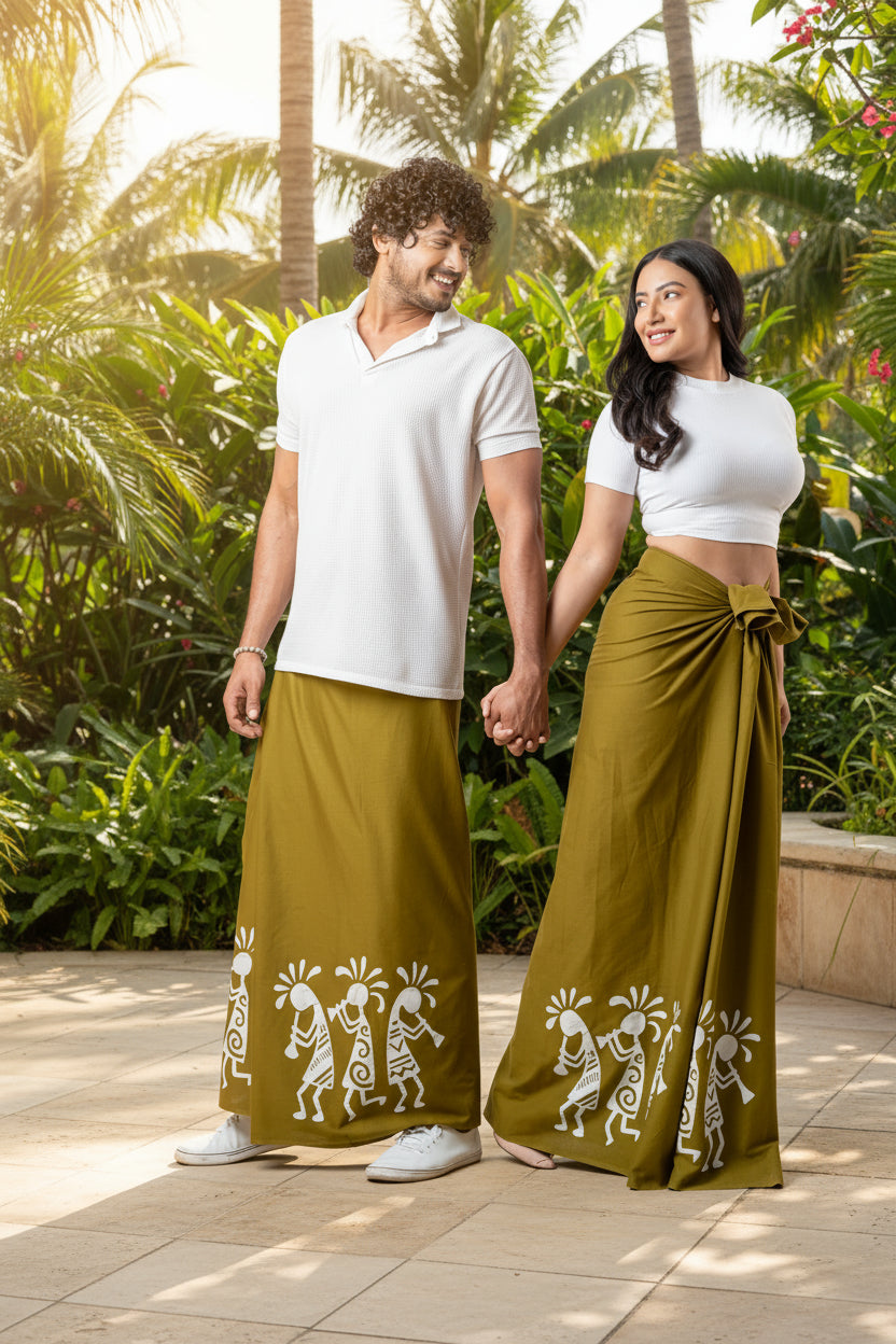 Couple wearing olive green handcrafted printed unisex sarong and lungi with white tribal batik art design – RE 0082