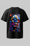 Oversized unisex black graphic T-shirt with large colourful artistic face print on back – RE-0110