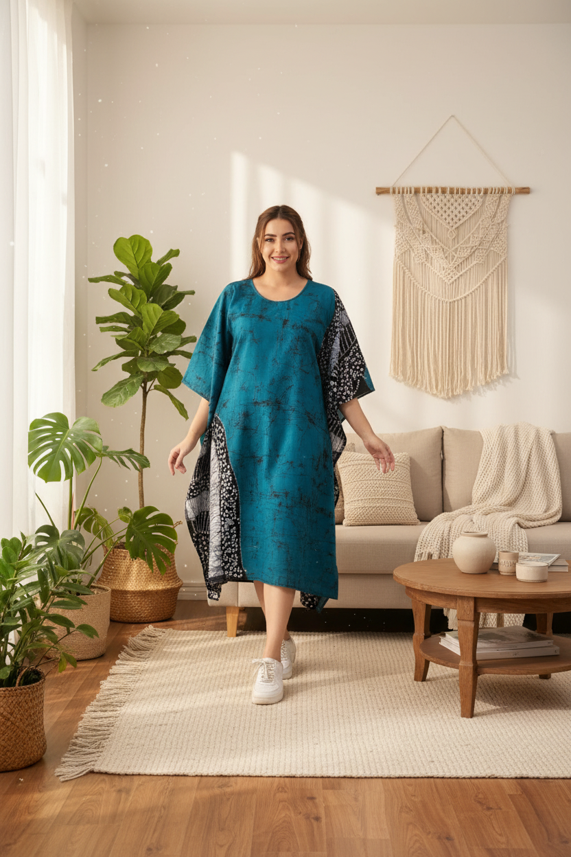 Woman wearing a handmade teal batik kaftan dress with black and white batik detailing, from Reyona Clothing – RE-0005