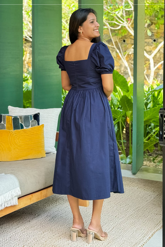 Bella navy blue puff sleeve midi dress for women RE-0144