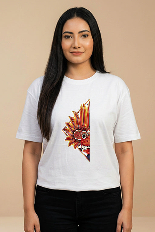 Female model wearing a white unisex graphic T-shirt featuring colourful abstract face-inspired artwork by REYONA.