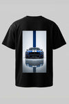 Front view of REYONA Ford Mustang Shelby GT500 graphic oversized unisex T-shirt featuring a blue Mustang chest print.