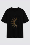 Black oversized unisex T-shirt featuring a gold abstract ornamental graphic on the front by REYONA
