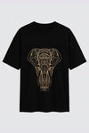 Black oversized unisex T-shirt featuring a detailed gold elephant graphic on the front by REYONA