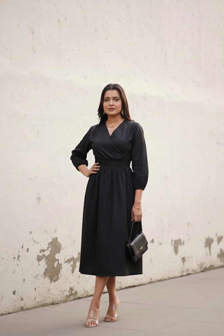 Back view of black cotton midi dress with elastic waistline