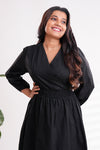 Black Liana midi dress with V-neck and long sleeves for women