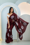 Woman wearing maroon handcrafted cotton batik saree – Reyona ethnic wear for women
