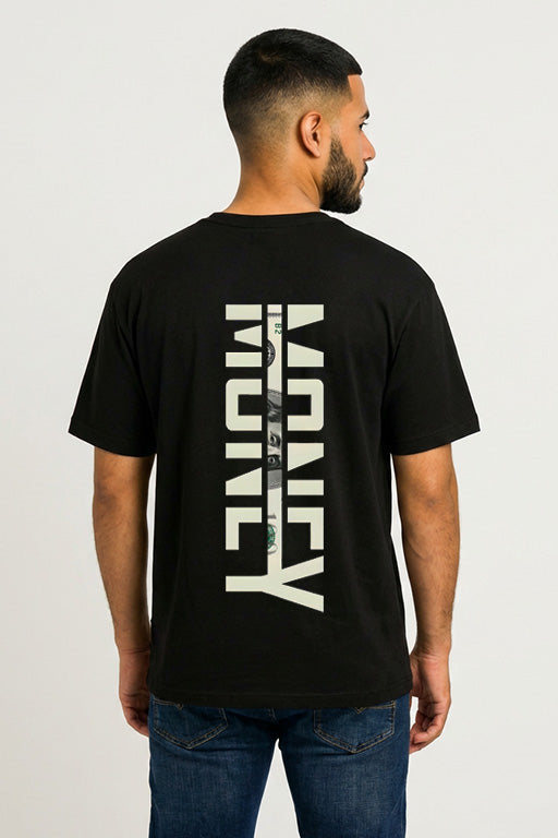 Oversized unisex black graphic T-shirt with large vertical typographic print on back – RE-0133 Reyona Australia