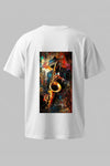 Oversized unisex white graphic T-shirt with large artistic saxophone player print on back – RE-0134