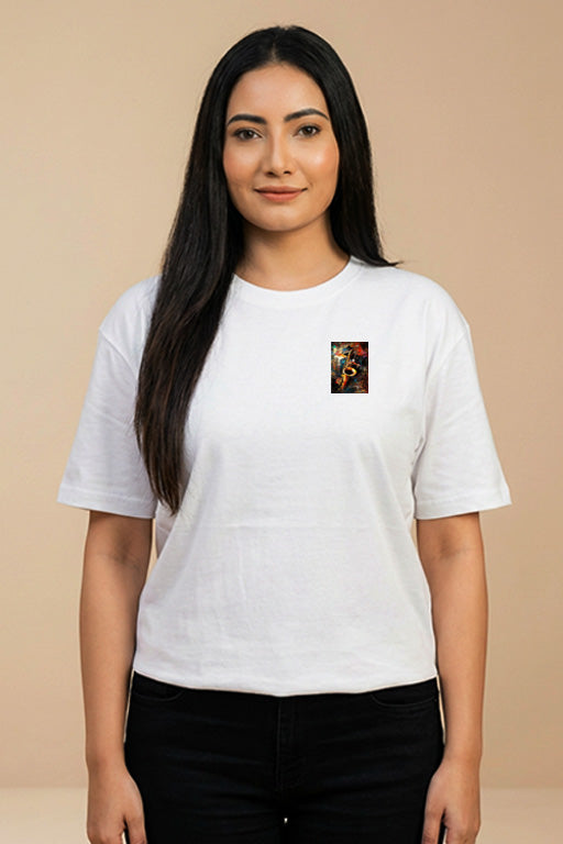 Oversized unisex white graphic T-shirt with small saxophone chest print worn by female model – RE-0134
