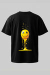 Oversized unisex black graphic T-shirt with large yellow melting smiley print on back – RE-0112