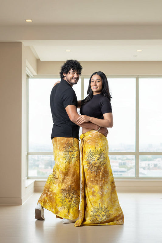 Unisex cotton batik sarong with sun motif design