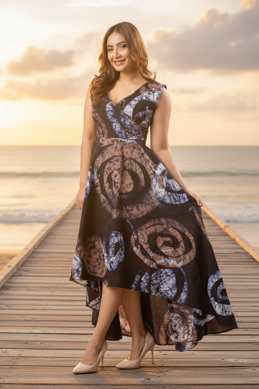 Woman wearing a handmade sleeveless blue and brown batik maxi dress with swirl patterns and high-low hemline, from Reyona Clothing