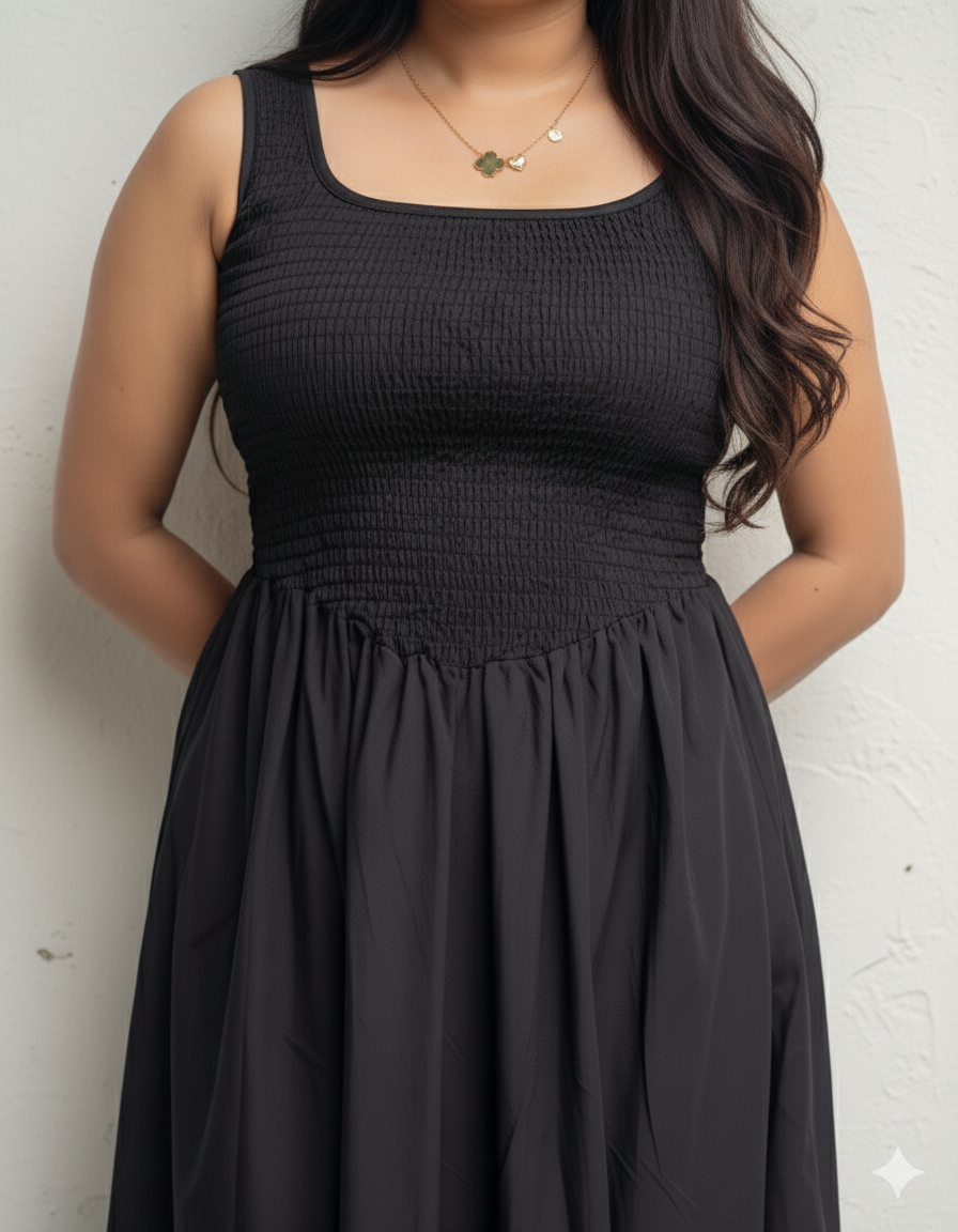Lunara Maxi Dress – Black Smocked Maxi Dress | RE-0149
