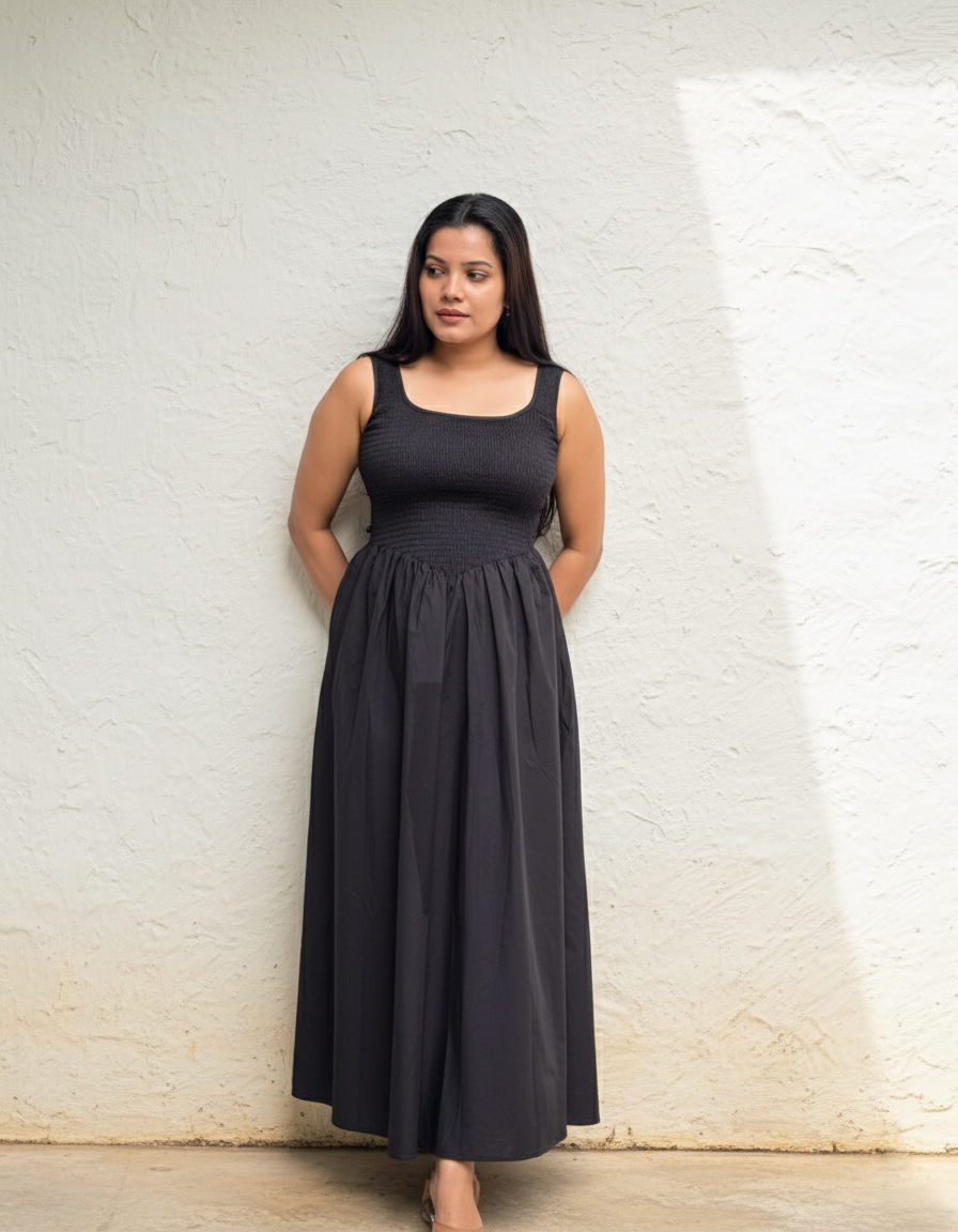 Lunara Maxi Dress – Black Smocked Maxi Dress | RE-0149