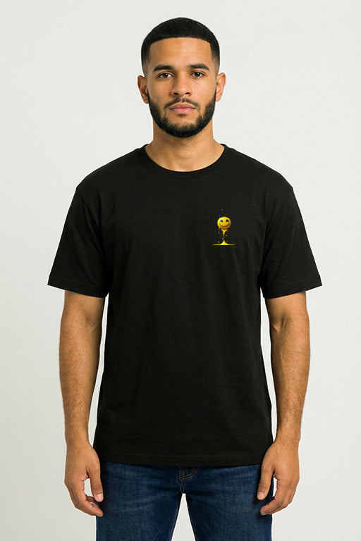 Oversized unisex black graphic T-shirt with small yellow printed design on chest – RE-0112