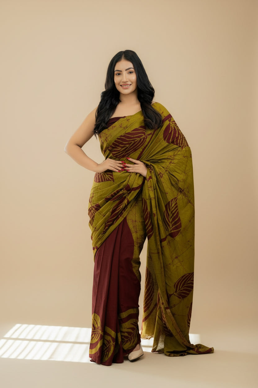 Woman wearing an olive green and maroon handcrafted batik saree with leaf motifs — Batik Saree RE-0046 I Reyona Clothing