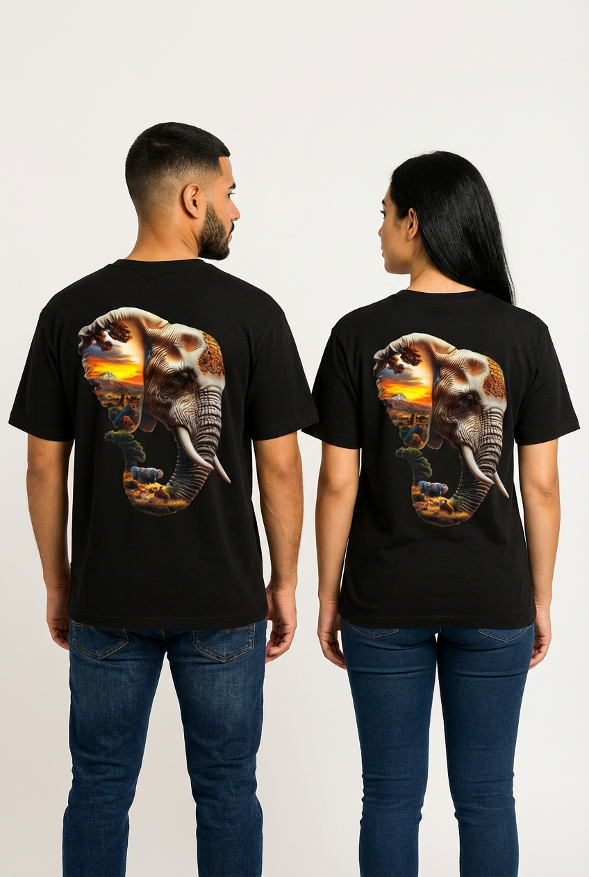 Unisex oversized black T-shirt RE-0109 featuring large elephant graphic print on back, worn by male and female models