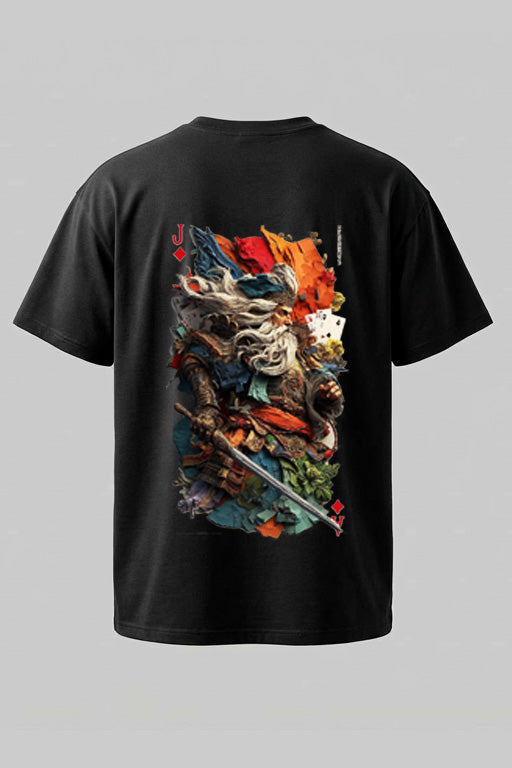 Oversized unisex black graphic T-shirt with large illustrated graphic print on back – RE-0111