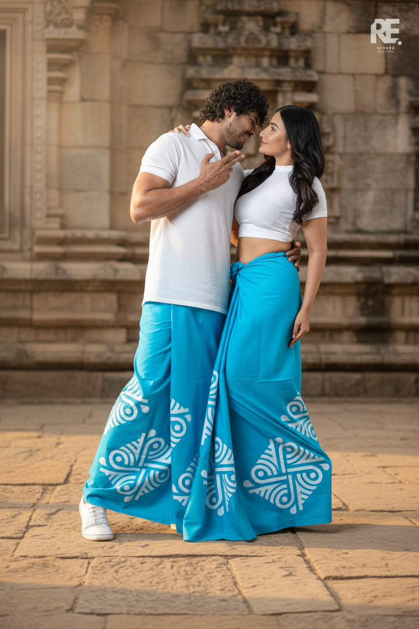 Couple wearing handcrafted sky blue printed unisex sarong and lungi with white tribal batik art design – Reyona Clothing Australia