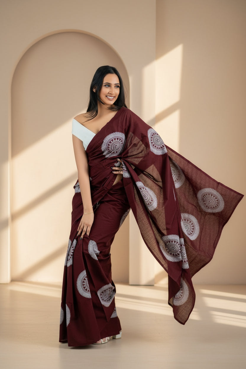 Batik Saree – Maroon Handcrafted Cotton | RE-0108