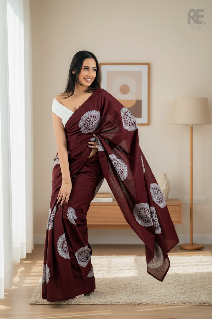 Batik Saree – Maroon Handcrafted Cotton | RE-0108