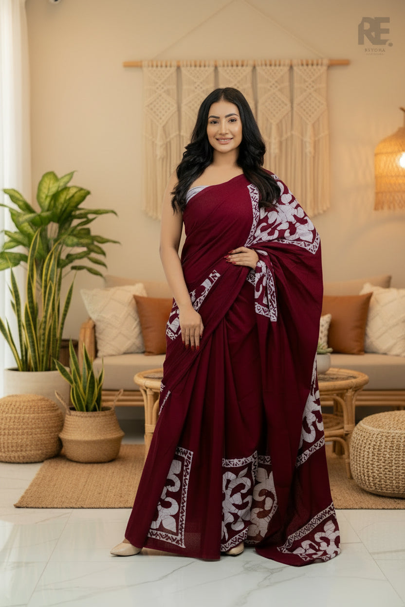 Woman wearing a maroon handcrafted batik saree with white patterned borders — Batik Saree RE-0047 