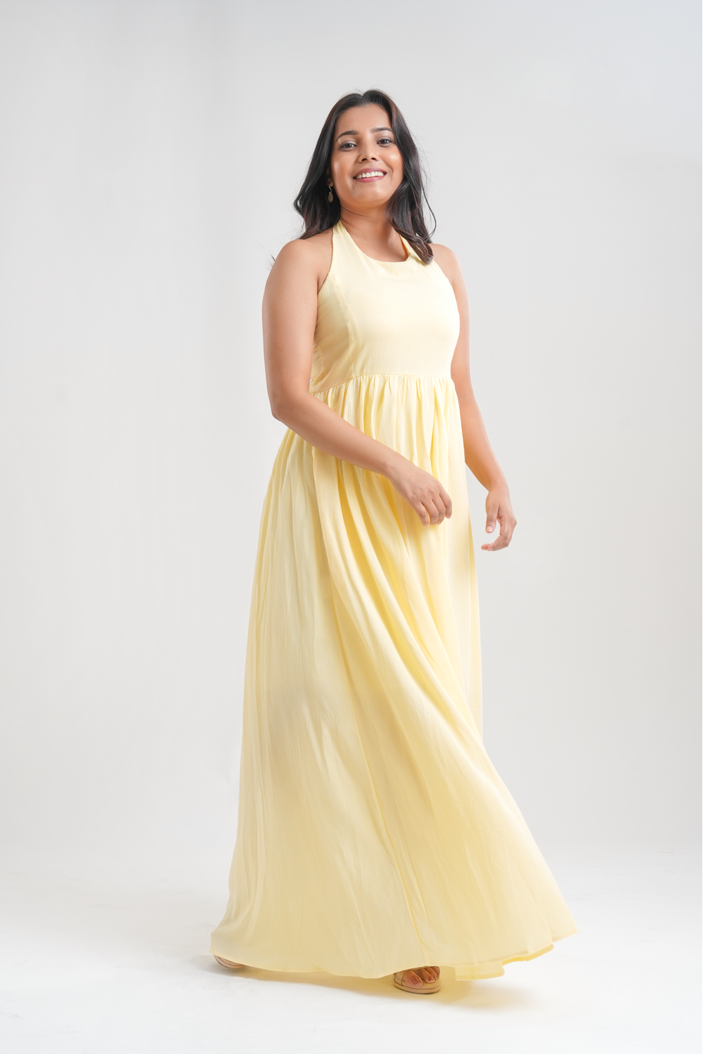 Lemon yellow Lily maxi dress with halter neck and flowy fit for women