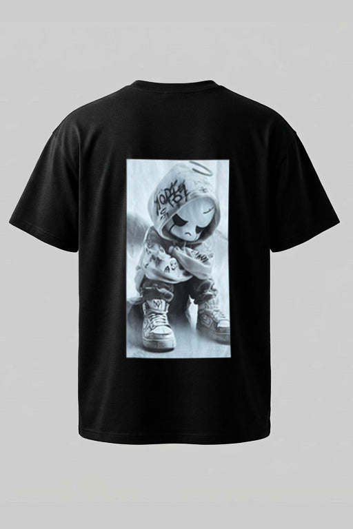 Oversized unisex black graphic T-shirt with large monochrome print on back – RE-0119