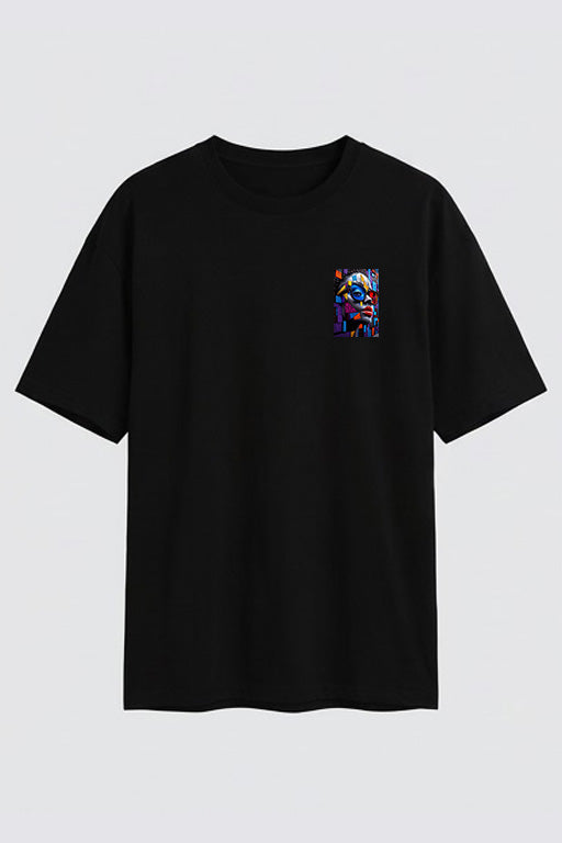 Oversized unisex black graphic T-shirt with small artistic chest print – RE-0110