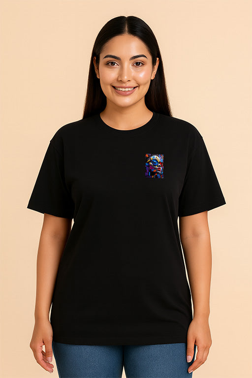 Unisex oversized black T-shirt RE-0110 featuring small colorful abstract portrait print on the chest worn by female model