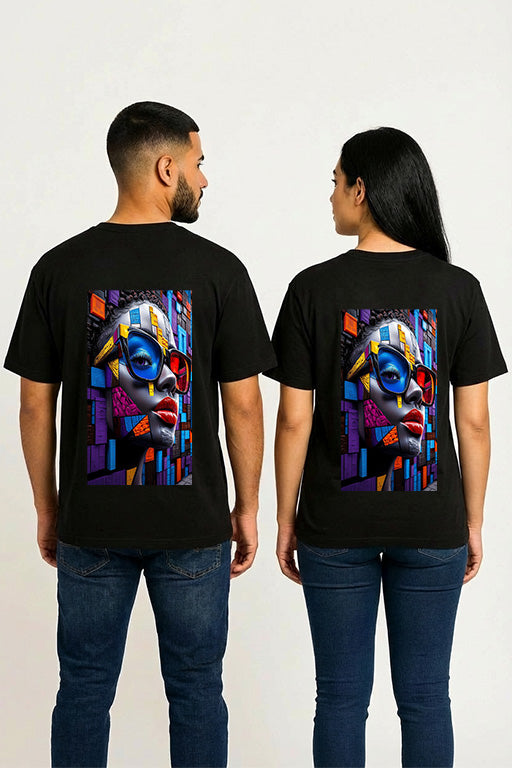 Unisex oversized black T-shirt RE-0110 with large colorful abstract portrait graphic on the back worn by male and female models