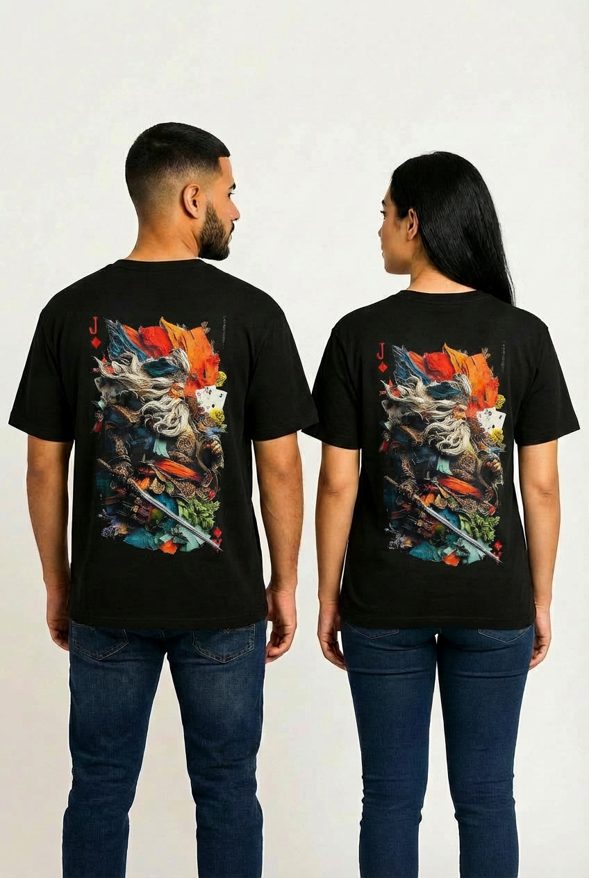 Unisex oversized black T-shirt RE-0111 featuring large Samurai warrior graphic print on the back worn by male and female models