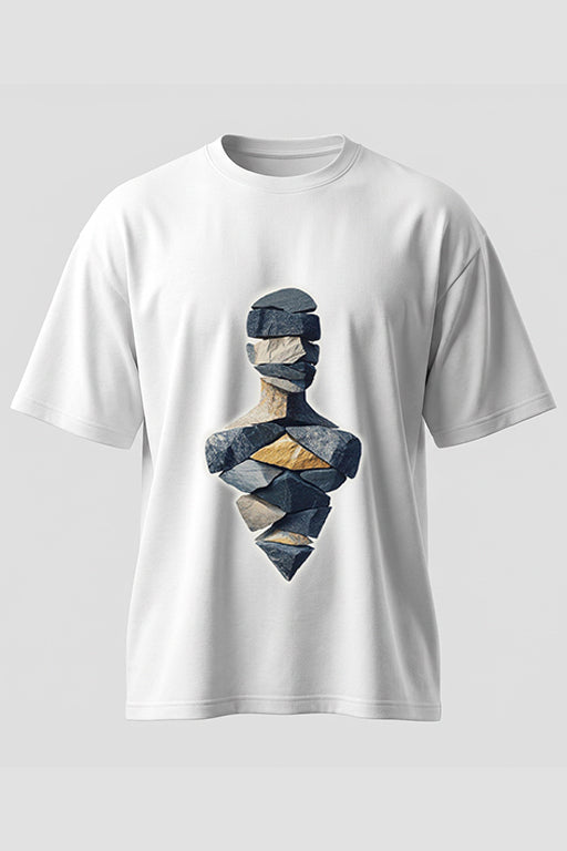 Front view of REYONA Abstract Stone Art oversized unisex graphic T-shirt in white featuring a modern abstract sculpture design.