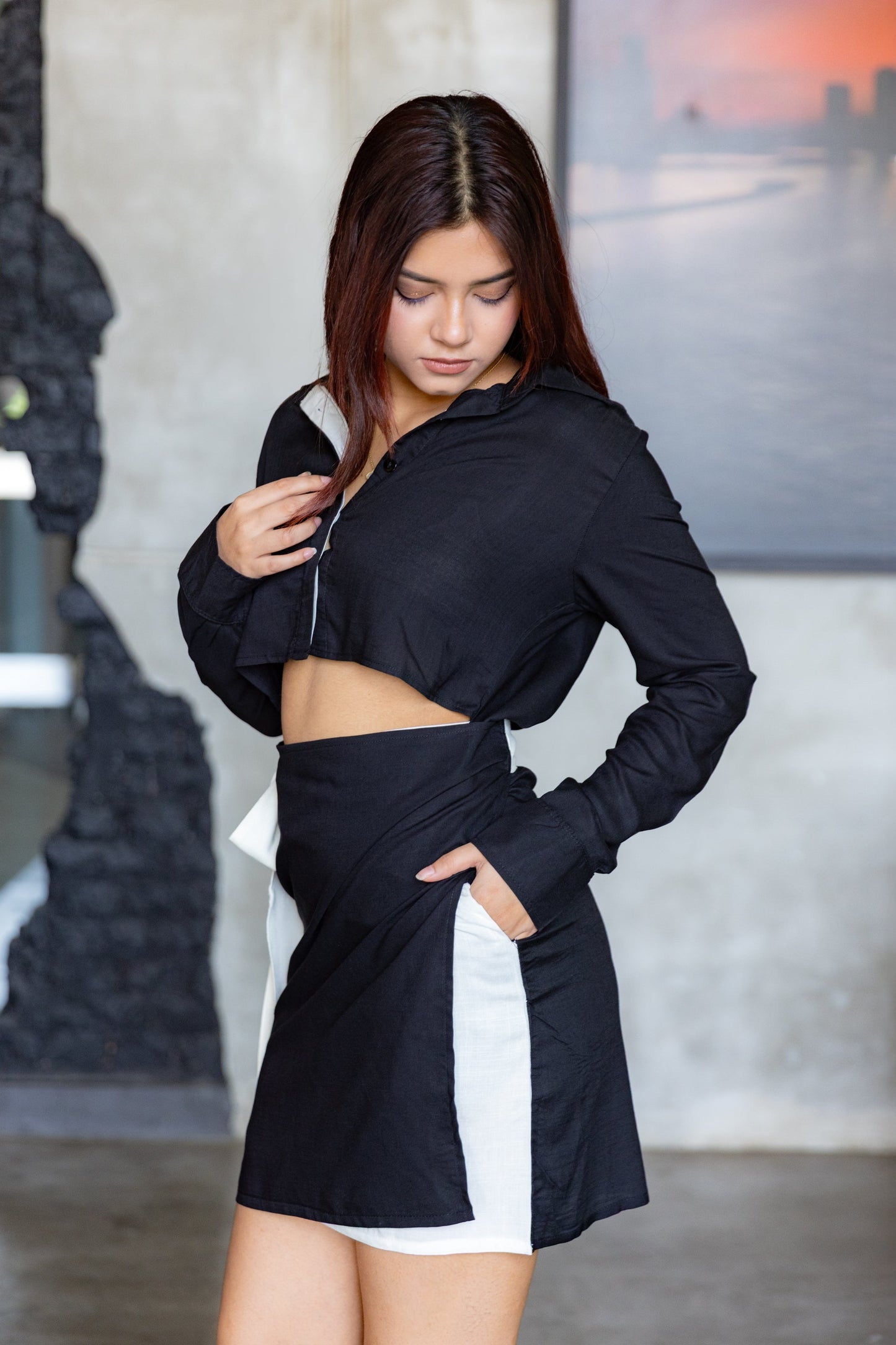 Modern black white cotton mini dress for women