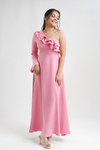 Athena maxi dress peach one shoulder ruffle front view