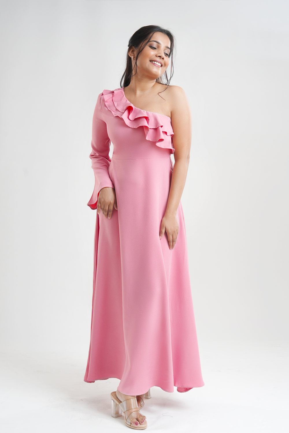 Athena maxi dress peach one shoulder ruffle front view