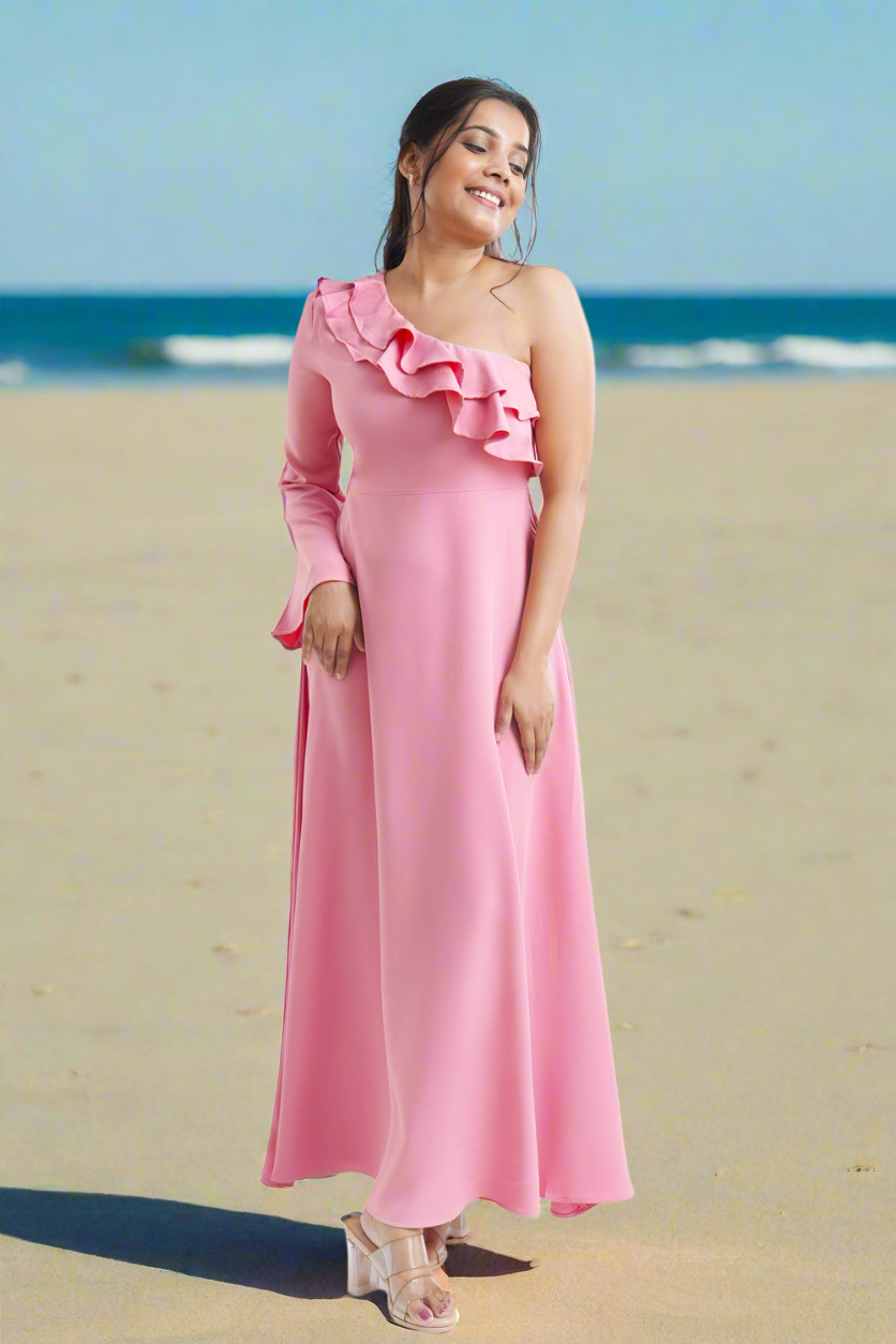 Athena one shoulder maxi dress cascading ruffle detail