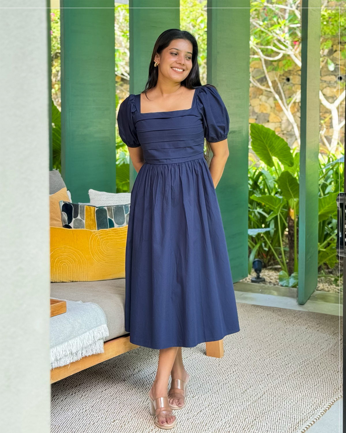 Bella Dress – Navy Blue Square Neck Puff Sleeve Midi Dress | RE-0144