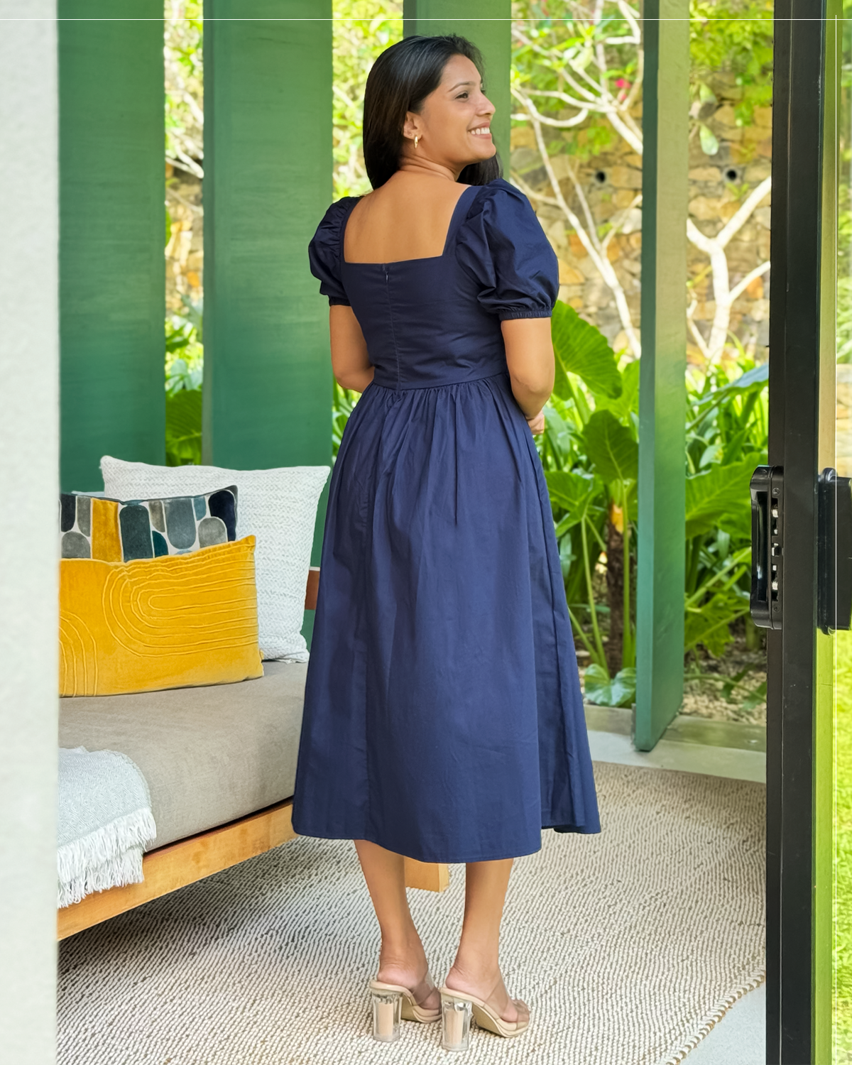 Bella Dress – Navy Blue Square Neck Puff Sleeve Midi Dress | RE-0144