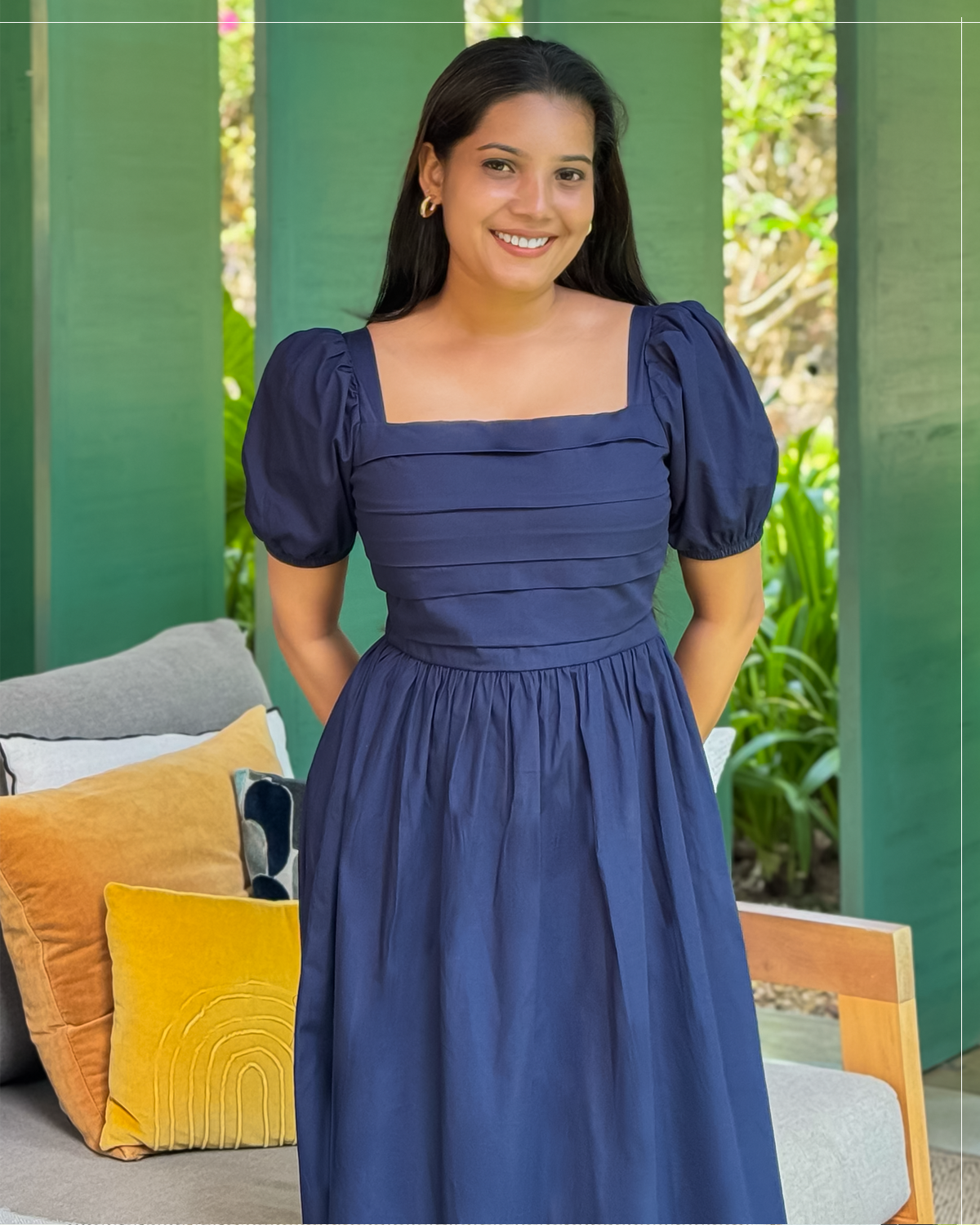 Bella Dress – Navy Blue Square Neck Puff Sleeve Midi Dress | RE-0144