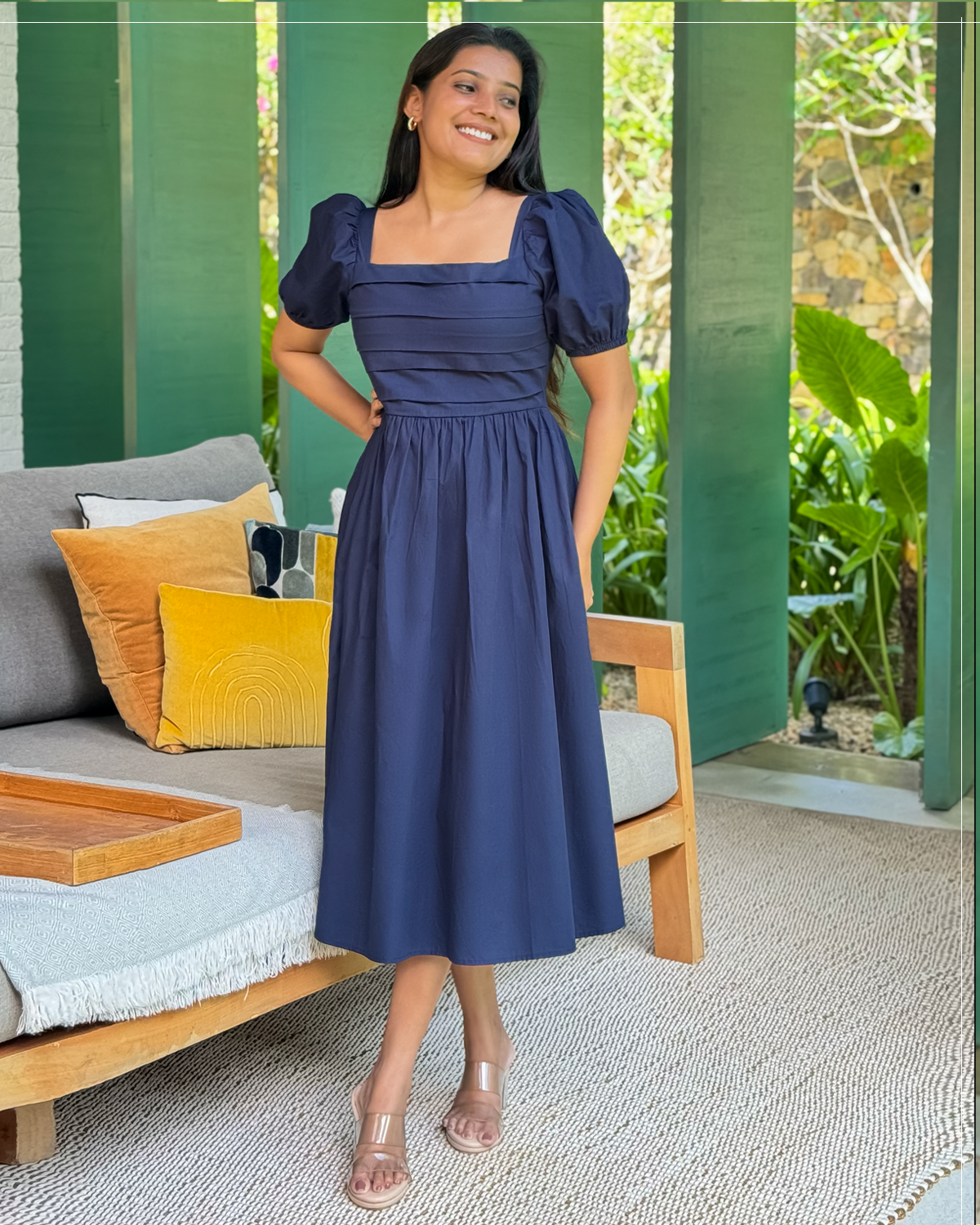 Bella Dress – Navy Blue Square Neck Puff Sleeve Midi Dress | RE-0144