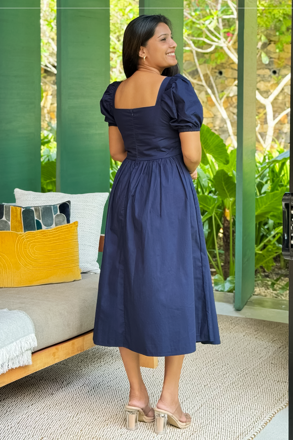 Bella navy blue puff sleeve midi dress for women RE-0144