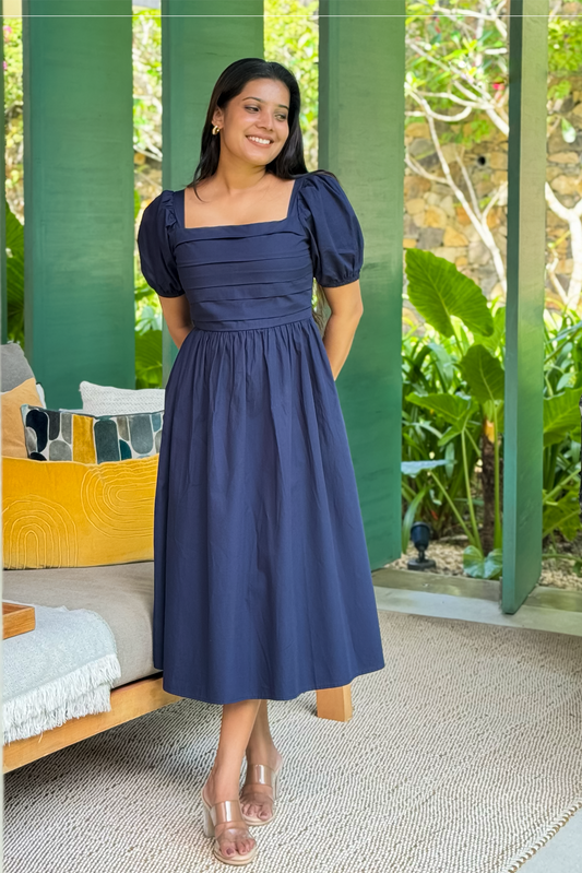 Bella navy blue square neck midi dress for women RE-0144