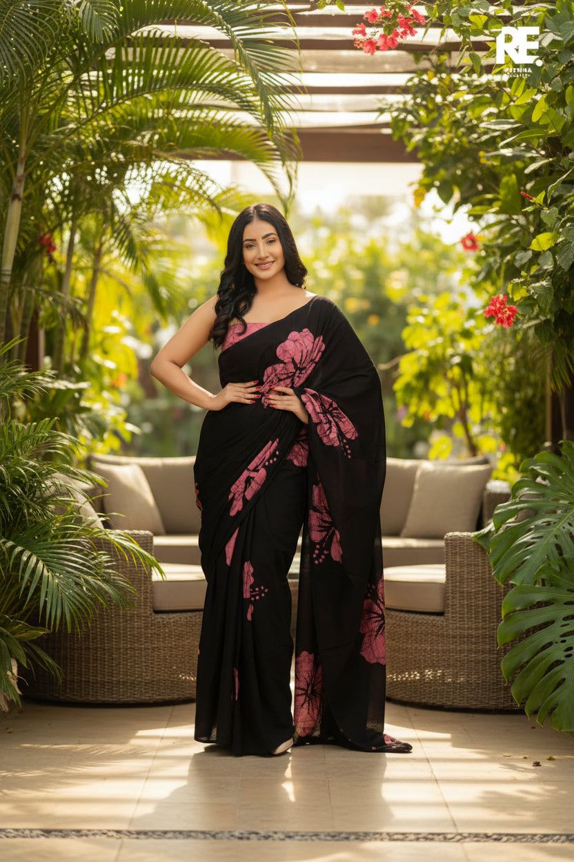 Black batik saree with pink floral motifs for women – Reyona Australia