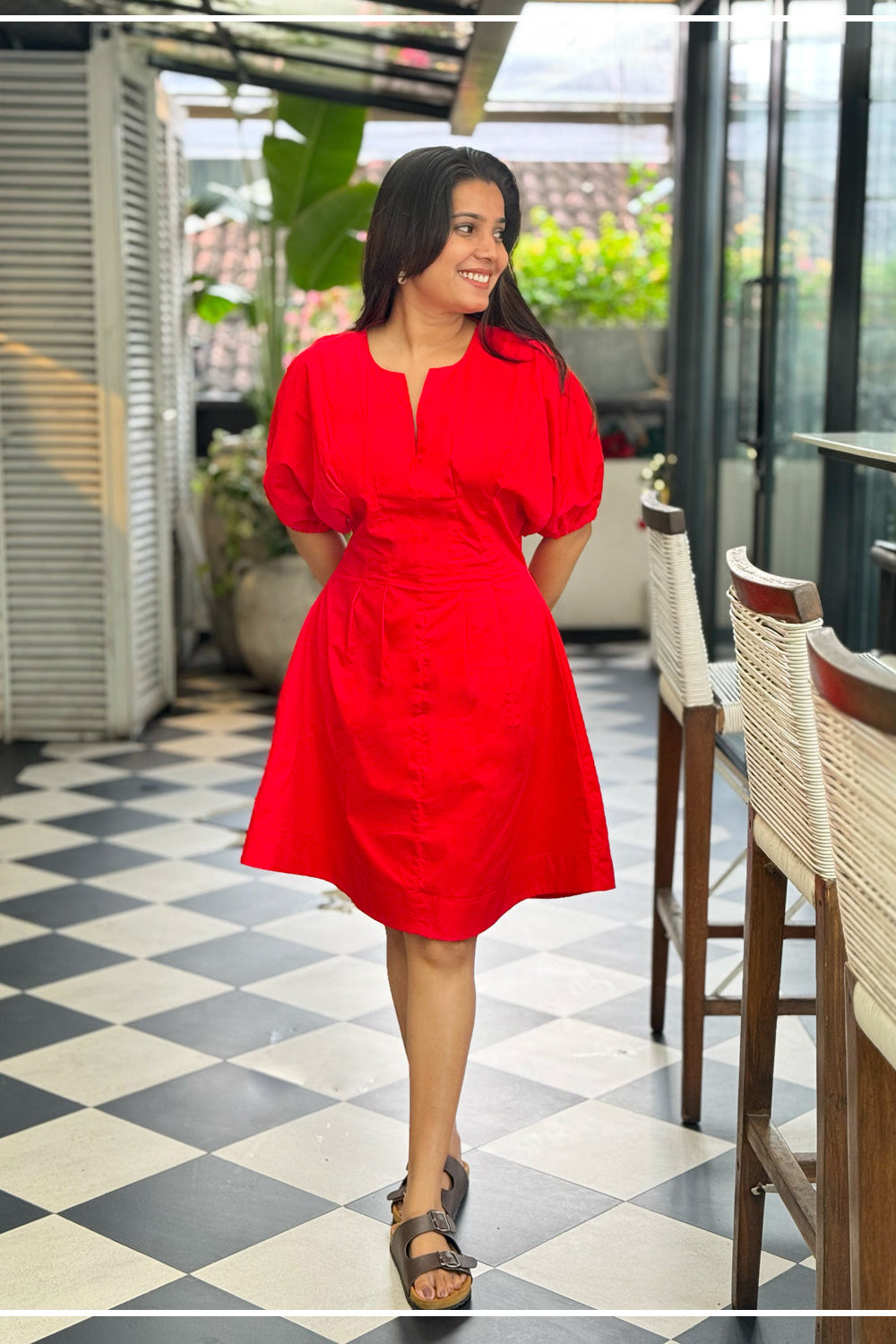 Cannes red cotton puff sleeve mini dress for women RE-0150