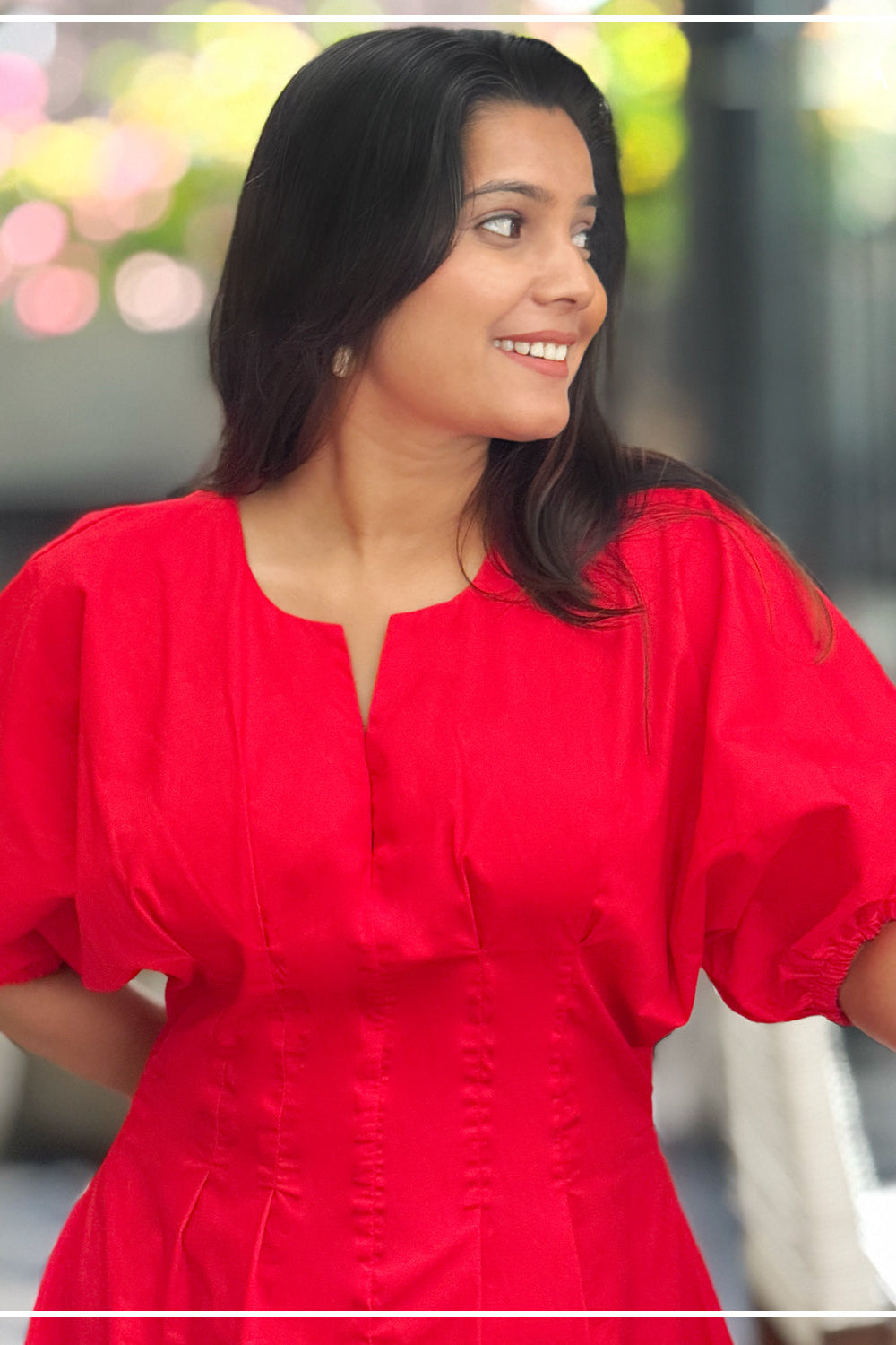 Cannes red mini dress with notched neckline and puff sleeves