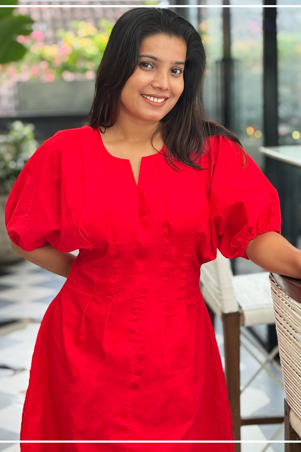 Cannes red puff sleeve mini dress with structured waist pleats